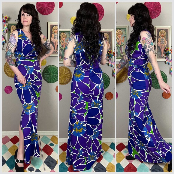 Vintage 1970s Purple Hawaiian Floral Print Sleeveless Maxi Dress - Picture 3 of 8
